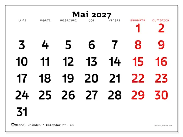 Calendar mai 2027 de tipărit - Viziune clară