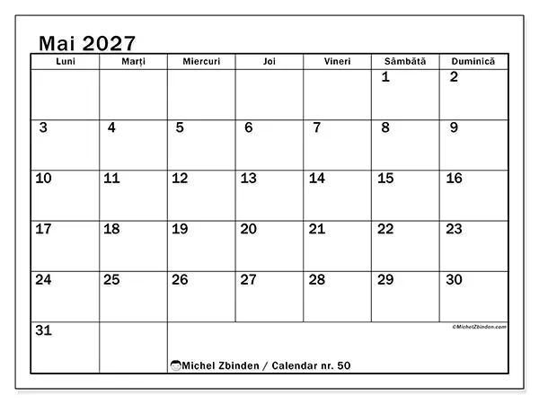 Calendar mai 2027 de tipărit - Lună clară