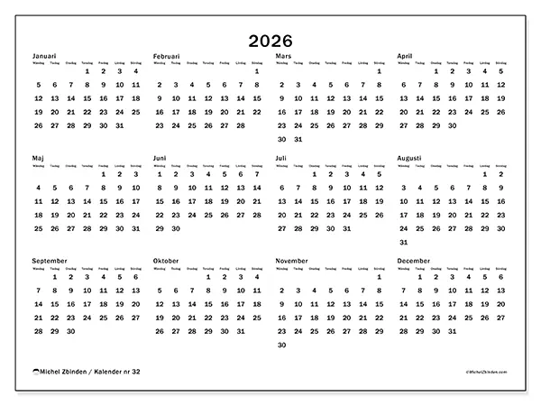 Årskalender 2026 att skriva ut - Global organisering