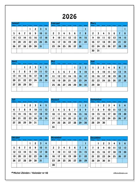 Årskalender 2026 att skriva ut - Färgglad organisering