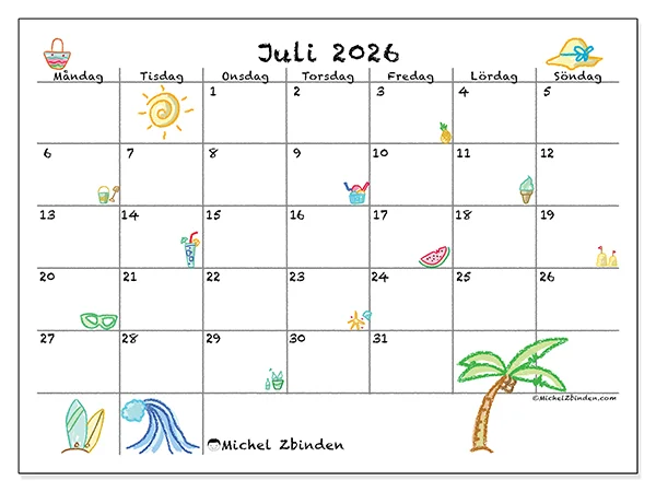 Juli 2026 månadskalender att skriva ut - Solig semester