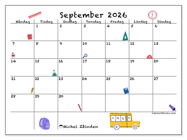 September 2026 månadskalender att skriva ut - Tillbaka till skolan