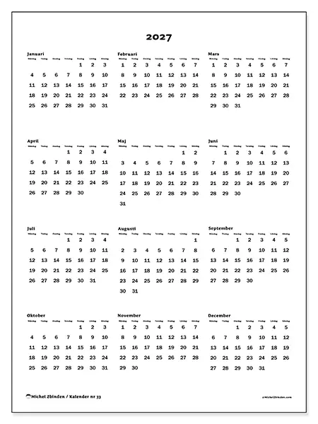 Årskalender 2027 att skriva ut - Översikt