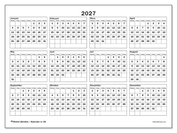 Årskalender 2027 att skriva ut - Semester och fritid