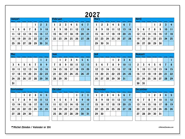 Årskalender 2027 att skriva ut - Organisering i färg