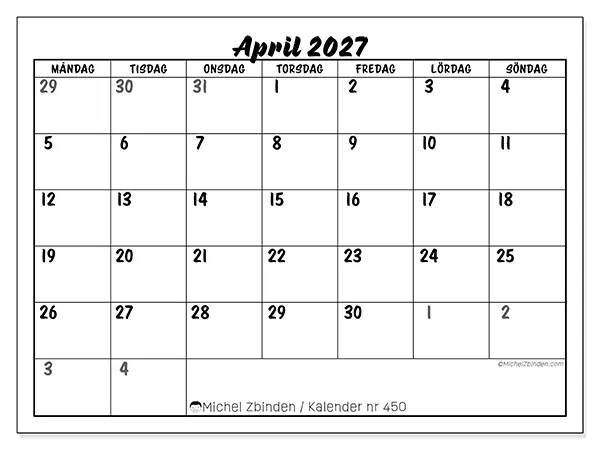 April 2027 månadskalender att skriva ut - Detaljerad organisering