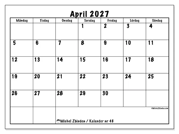 April 2027 månadskalender att skriva ut - Daglig planering
