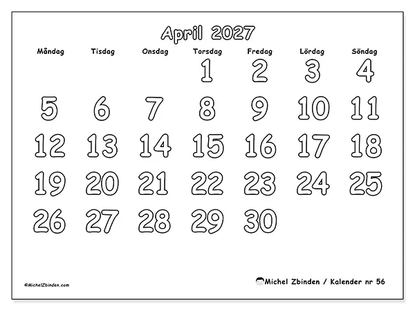 April 2027 månadskalender att skriva ut - Nyttig färgläggning