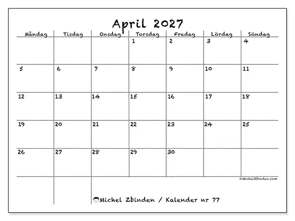 April 2027 månadskalender att skriva ut - Skola och familj