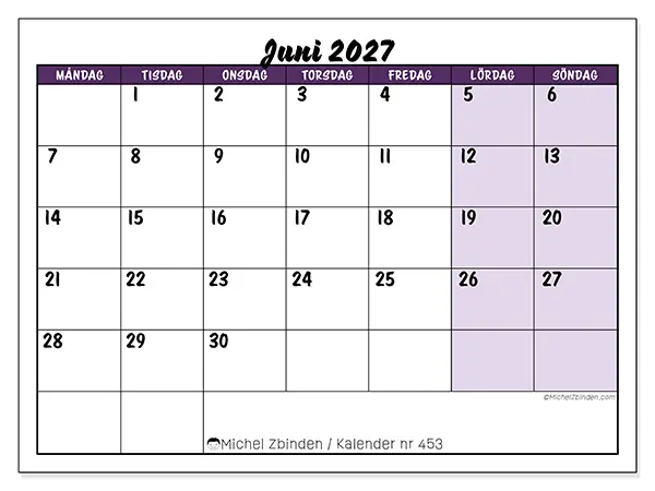 Juni 2027 månadskalender att skriva ut - Färgglada uppgifter
