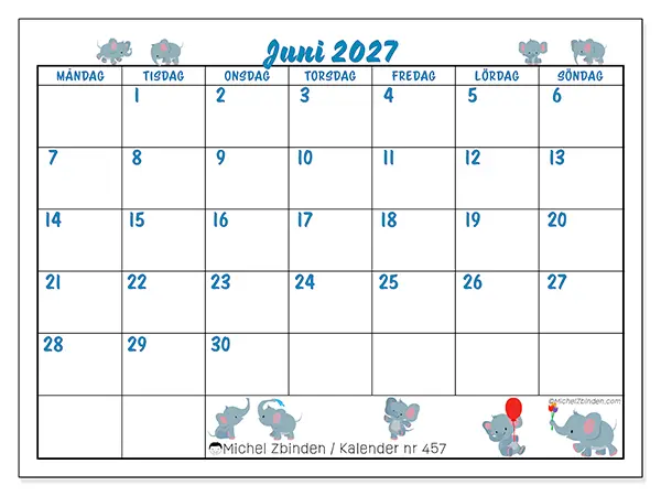 Juni 2027 månadskalender att skriva ut - Små elefanter