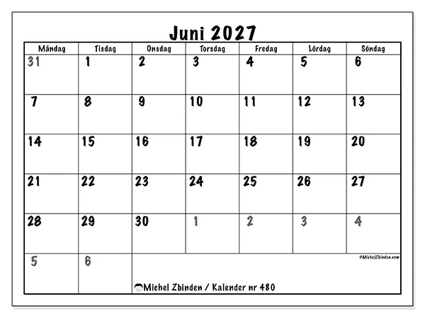 Juni 2027 månadskalender att skriva ut - Fullständig planering
