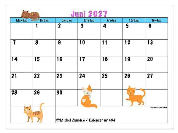 Juni 2027 månadskalender att skriva ut - Kärlek till katter