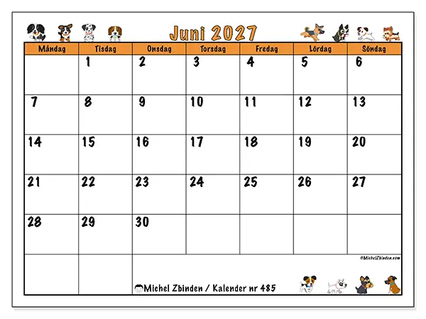 Juni 2027 månadskalender att skriva ut - Hundar