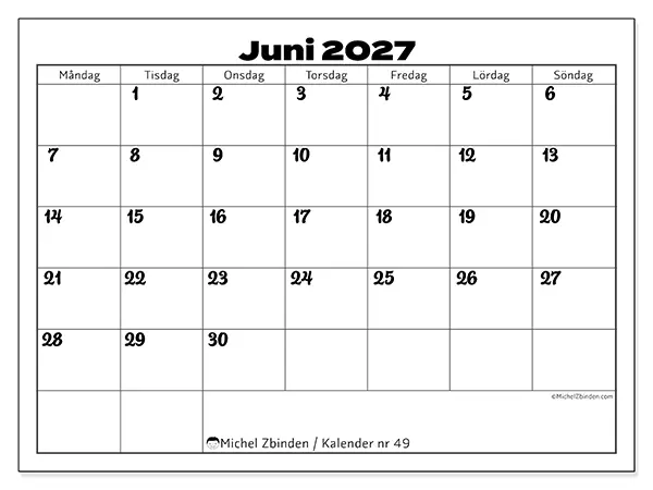 Juni 2027 månadskalender att skriva ut - Samordning för arbete