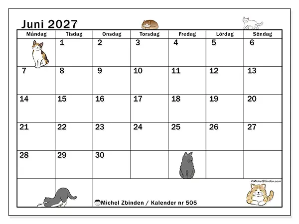 Juni 2027 månadskalender att skriva ut - Kattliv