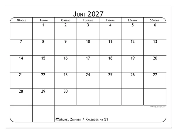 Juni 2027 månadskalender att skriva ut - Måltidsplanerare