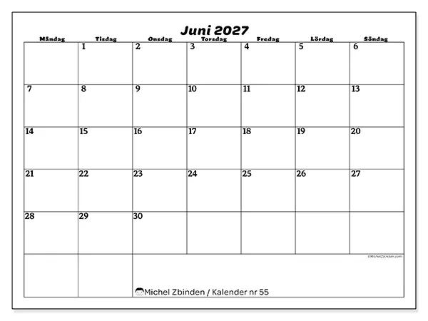 Juni 2027 månadskalender att skriva ut - Organisering av fritid