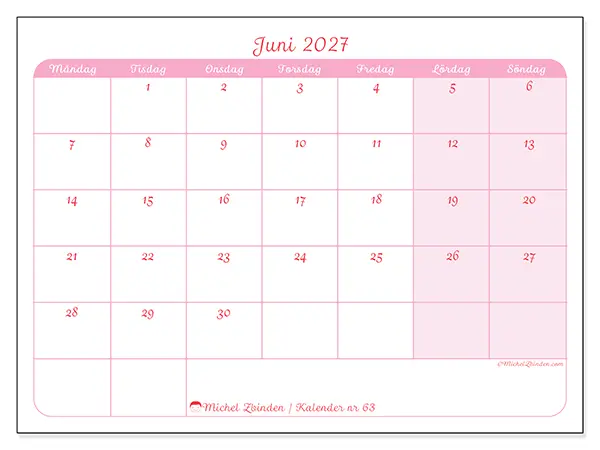 Juni 2027 månadskalender att skriva ut - Mjuk organisering