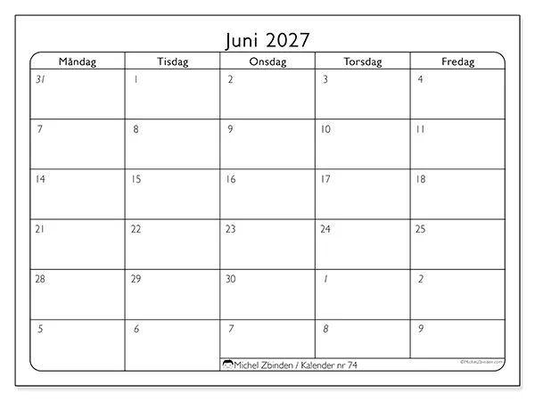 Juni 2027 månadskalender att skriva ut - Arbetsorganisering