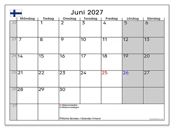Juni 2027 månadskalender att skriva ut - Finland