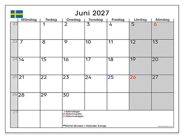 Juni 2027 månadskalender att skriva ut - Sverige