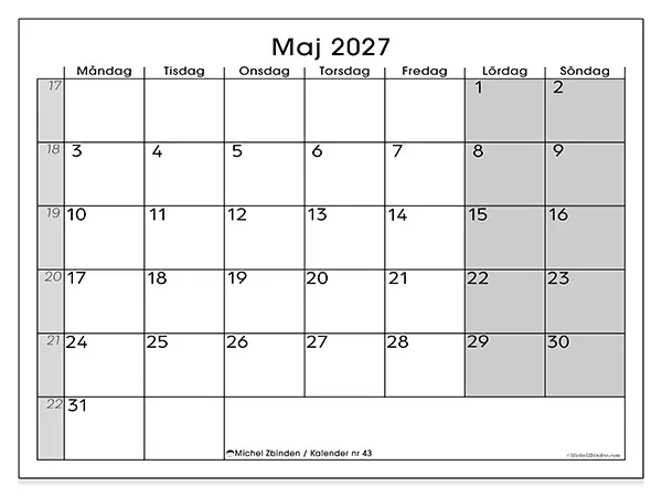 Maj 2027 månadskalender att skriva ut - Enkel översikt
