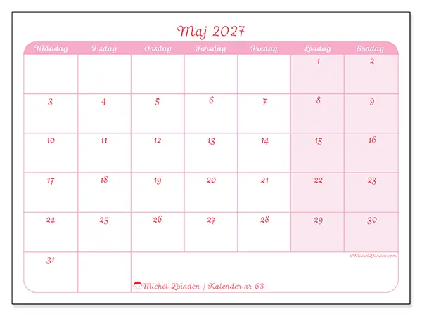 Maj 2027 månadskalender att skriva ut - Mjuk organisering